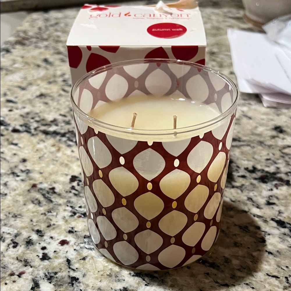 Gold Canyon Autumn Walk Candle with Red and White Pattern